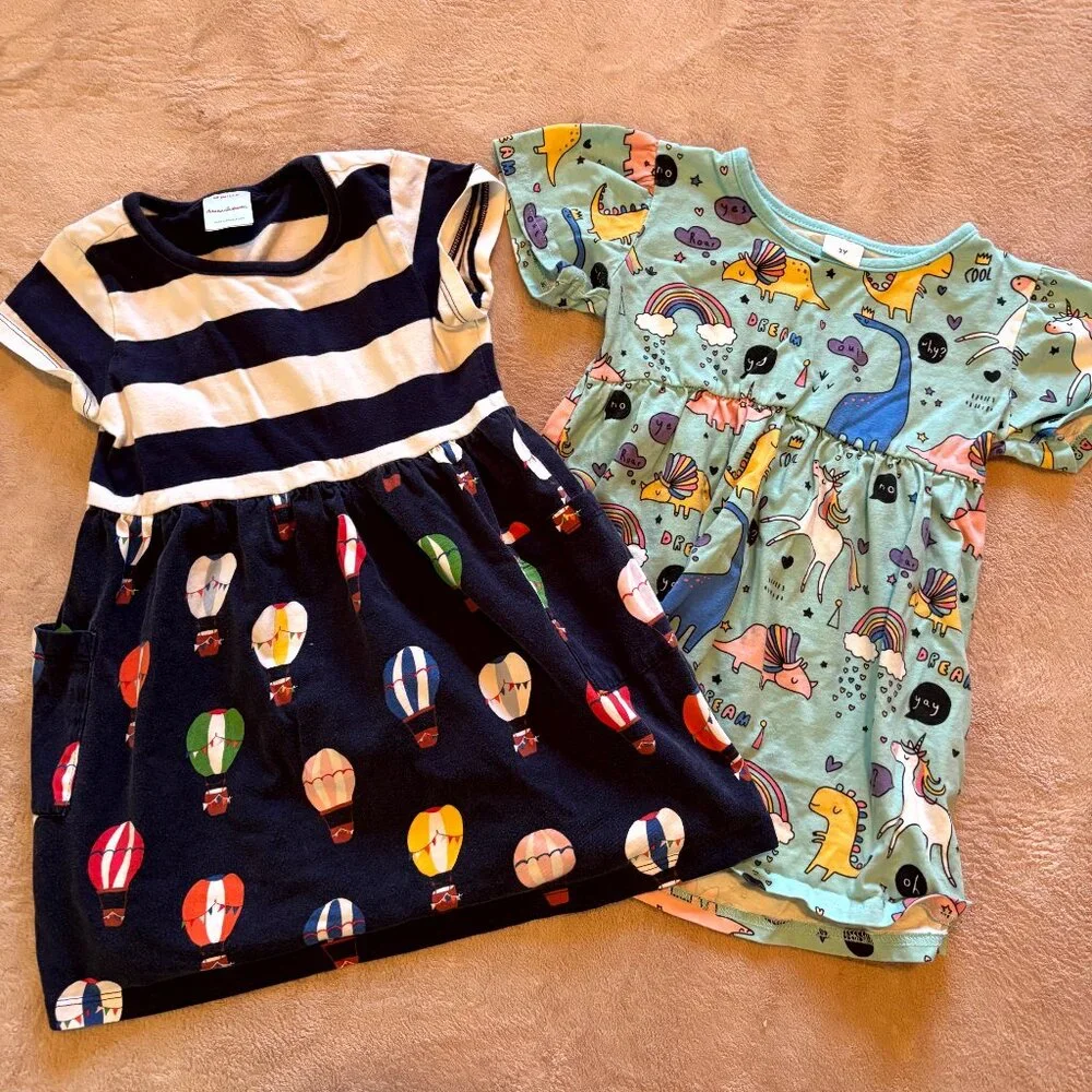 Hanna Andersson Hot Air Balloon Dress + Dino Unicorn Dress Bundle | 3T | 100% Co - Picture 1 of 11